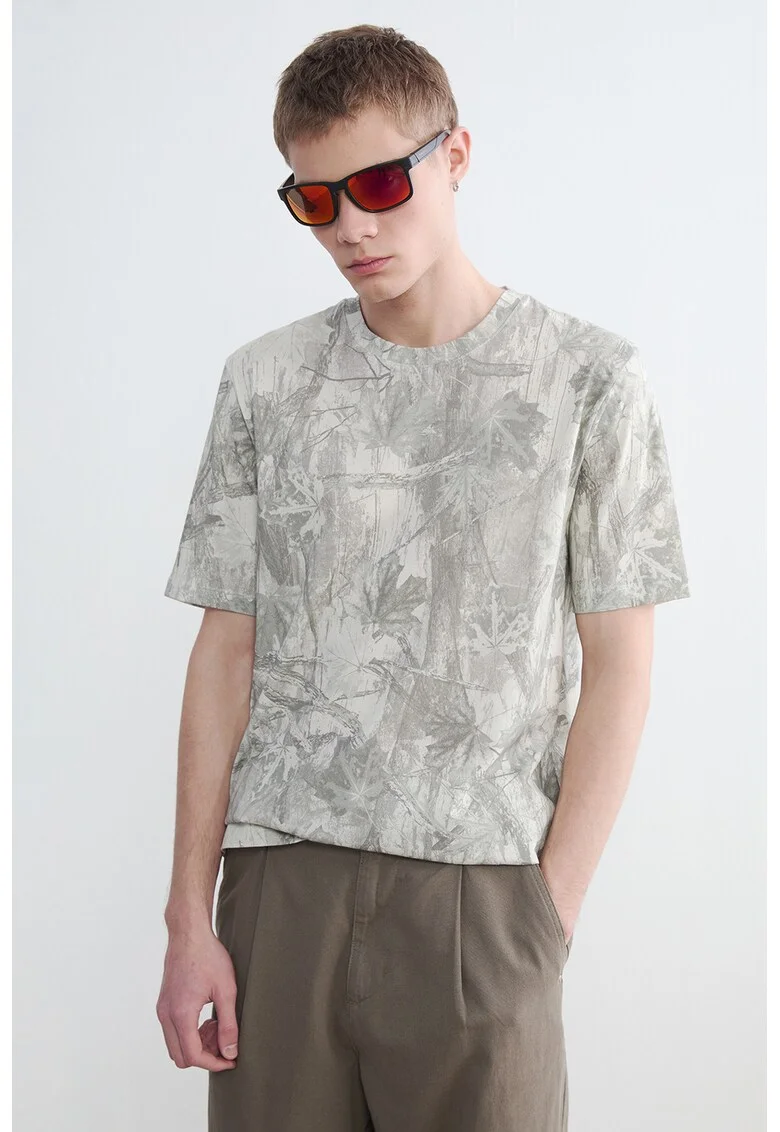 Tricou cu imprimeu grafic, Alb murdar/Verde stins