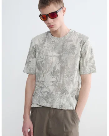 Tricou cu imprimeu grafic, Alb murdar/Verde stins