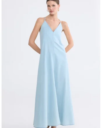 Rochie maxi de denim cu decolteu in V Vision, Albastru pastel