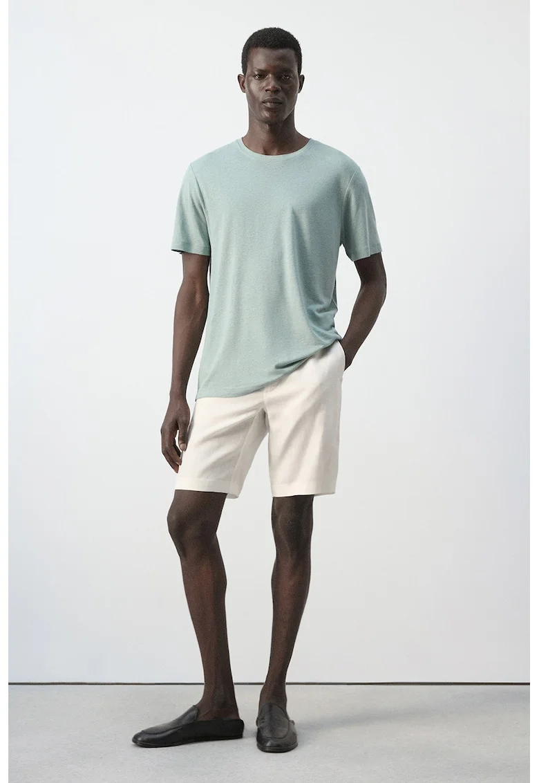 Tricou din amestec de in cu decolteu rotund, Verde turcoaz