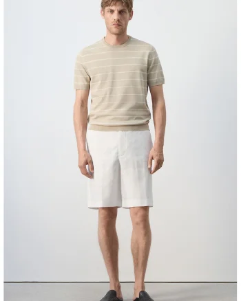 Tricou tricotat fin cu dungi, Alb/Bej inchis