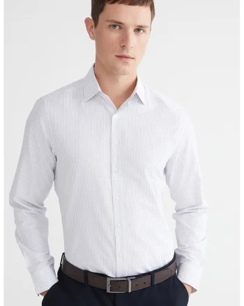 Camasa slim fit cu model cu dungi discrete, Alb/Albastru ultramarin
