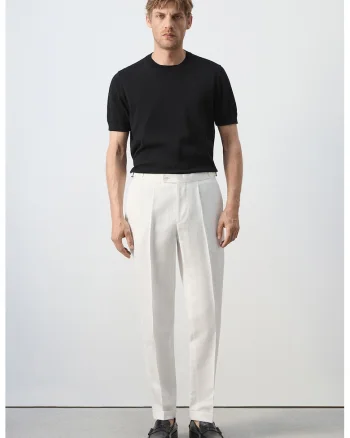 Pantaloni eleganti din amestec de in cu croiala slim-fit, Alb