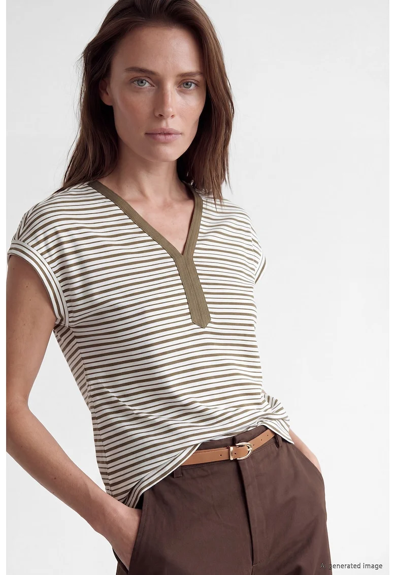 Tricou cu decolteu in V si dungi Grace, Alb/Maro pamantiu