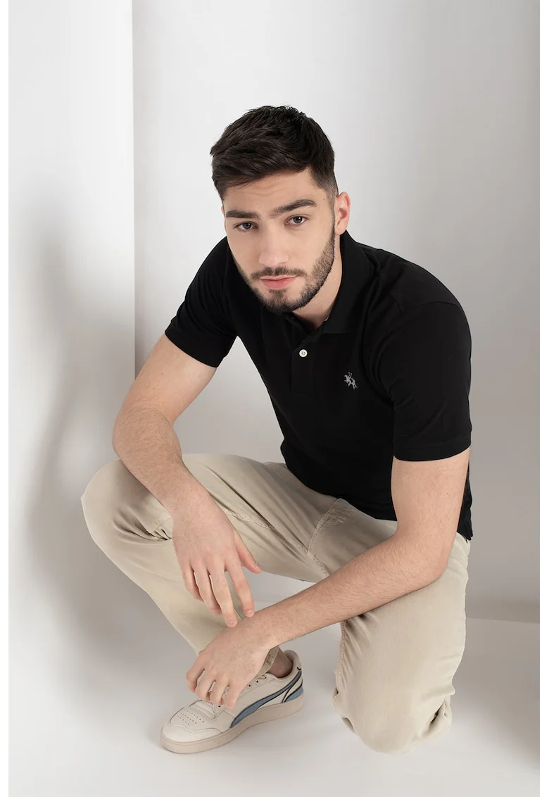 Tricou polo din bumbac si material pique, Negru