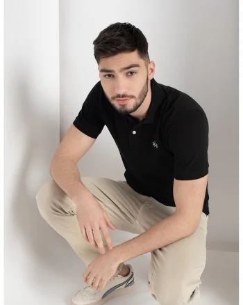 Tricou polo din bumbac si material pique, Negru
