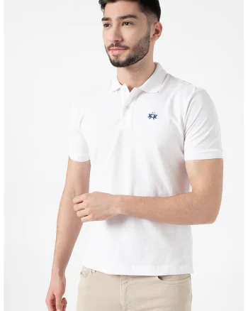 Tricou polo din bumbac si material pique, Alb optic/Bleumarin