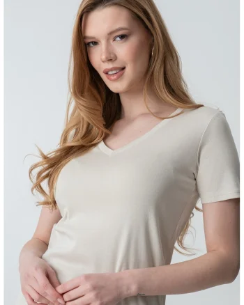 Tricou de bumbac cu decolteu in V, Bej deschis
