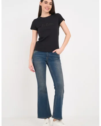 Blugi bootcut cu aspect decolorat, Albastru inchis