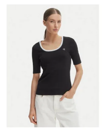 Tricou slim fit cu decolteu rotund contrastant