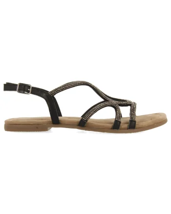 Sandale de piele cu talpa plasat si strasuri, Negru