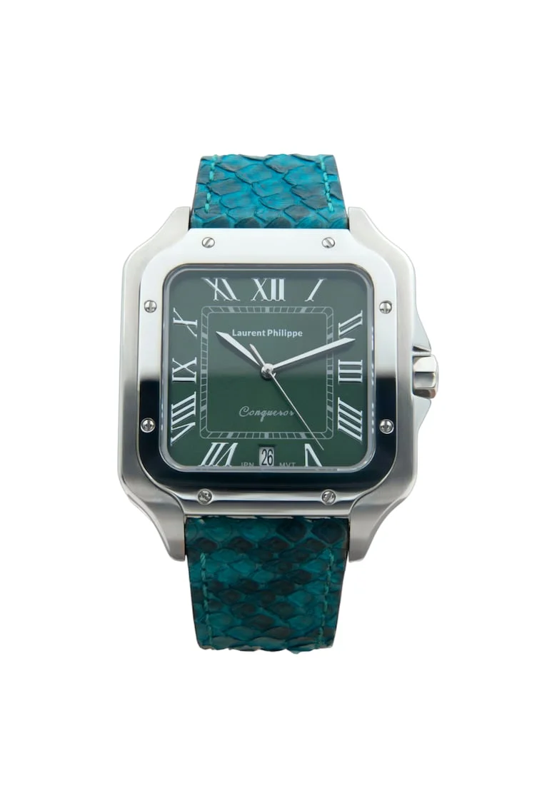 Ceas barbati  Conqueror Emerald Venin Blue, otel inoxidabil, cadran smarald, curea piton albastra