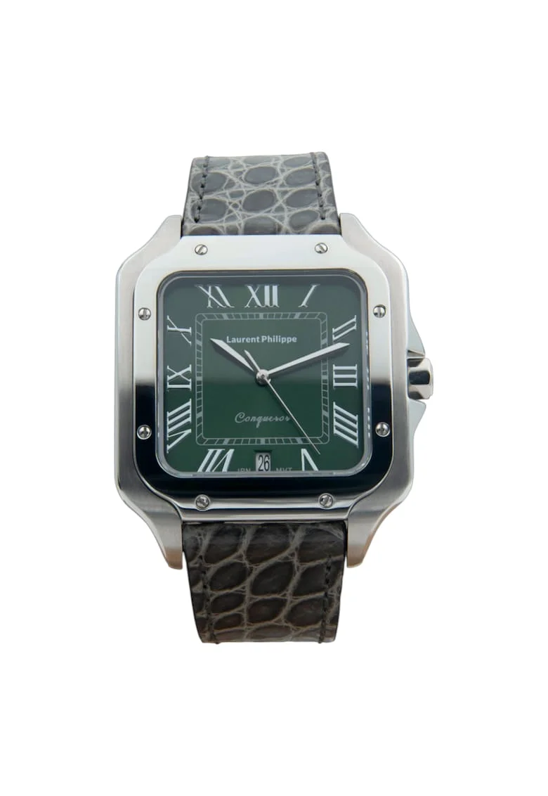 Ceas barbati  Conqueror Emerald Platinum Veins, otel inoxidabil, cadran verde-smarald, curea gri