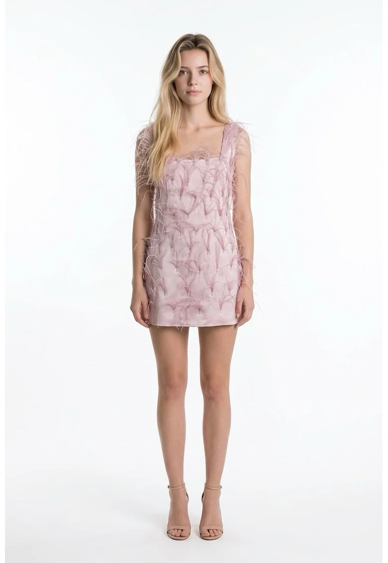 Rochie fara maneci cu pene Anais, Roz pudrat