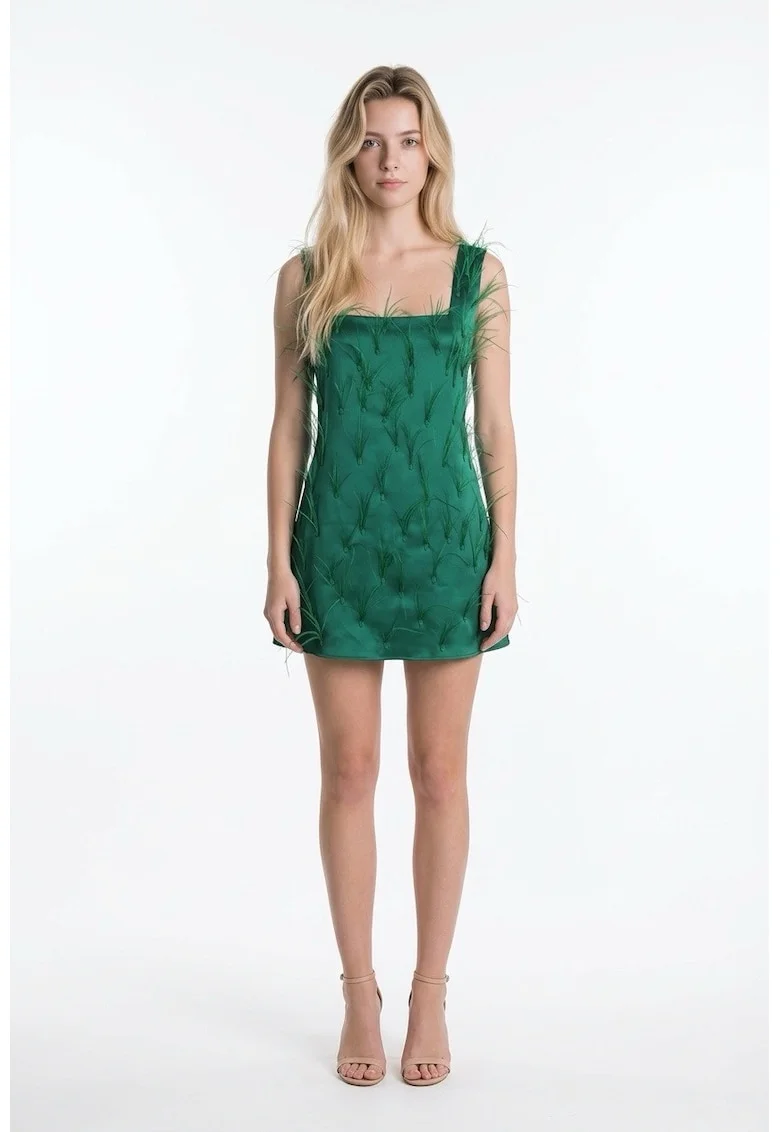 Rochie fara maneci cu pene Anais, Verde