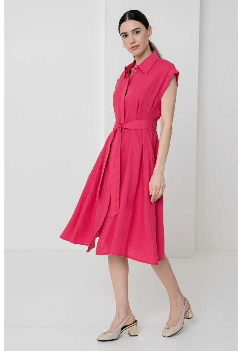 Rochie midi din in cu buzunare laterale, Fucsia