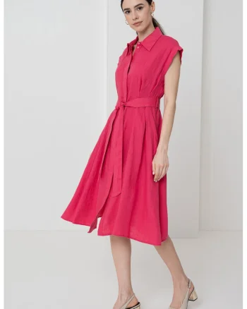Rochie midi din in cu buzunare laterale, Fucsia