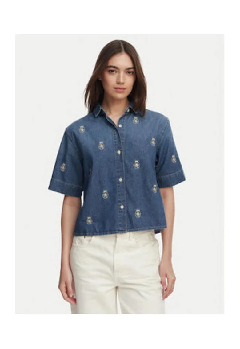 Camasa crop din denim cu model