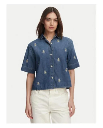 Camasa crop din denim cu model