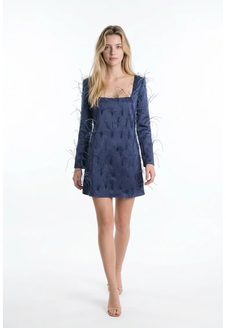 Rochie scurta cu detalii cu pene Aaliyah, Bleumarin