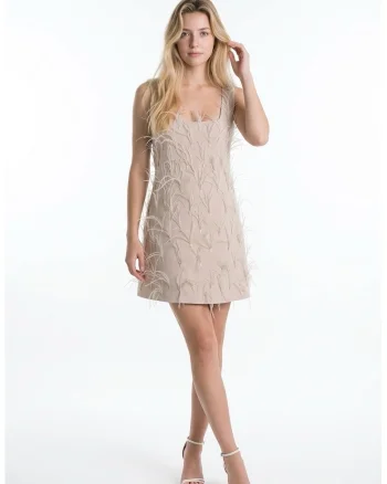 Rochie fara maneci cu pene Anais, Bej