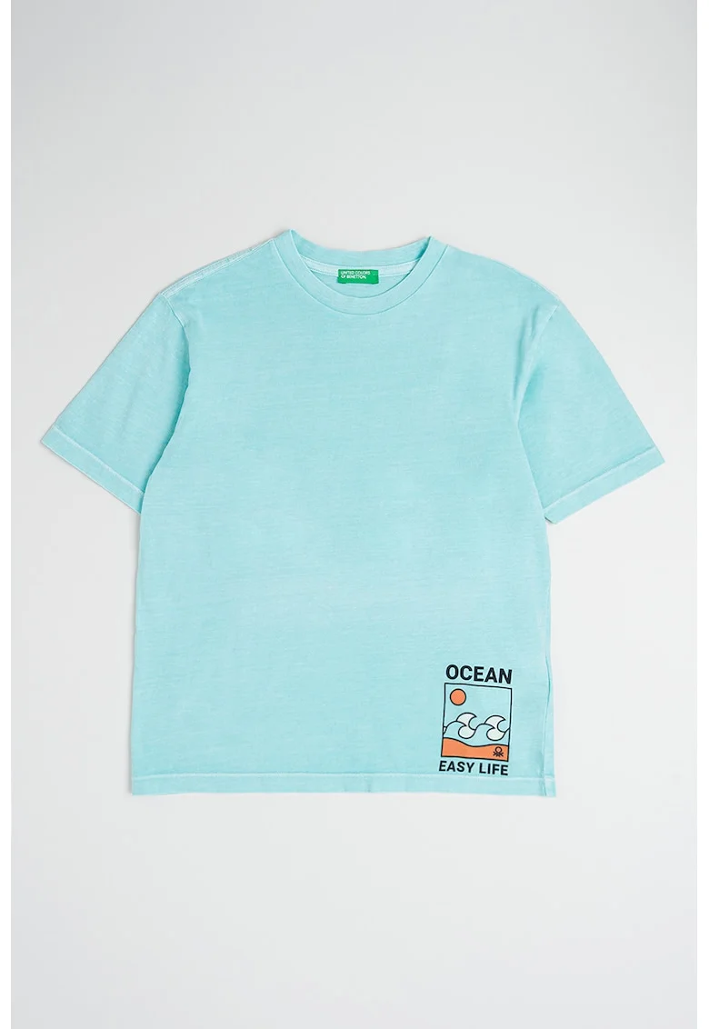 Tricou cu model si decolteu la baza gatului, Negru/Albastru aquamarin