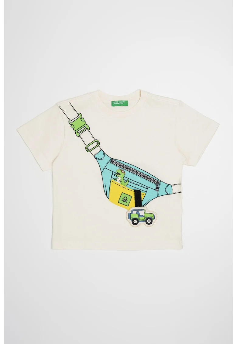Tricou de bumbac cu imprimeu grafic, Alb fildes/Turcoaz