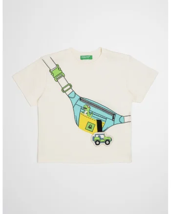Tricou de bumbac cu imprimeu grafic, Alb fildes/Turcoaz