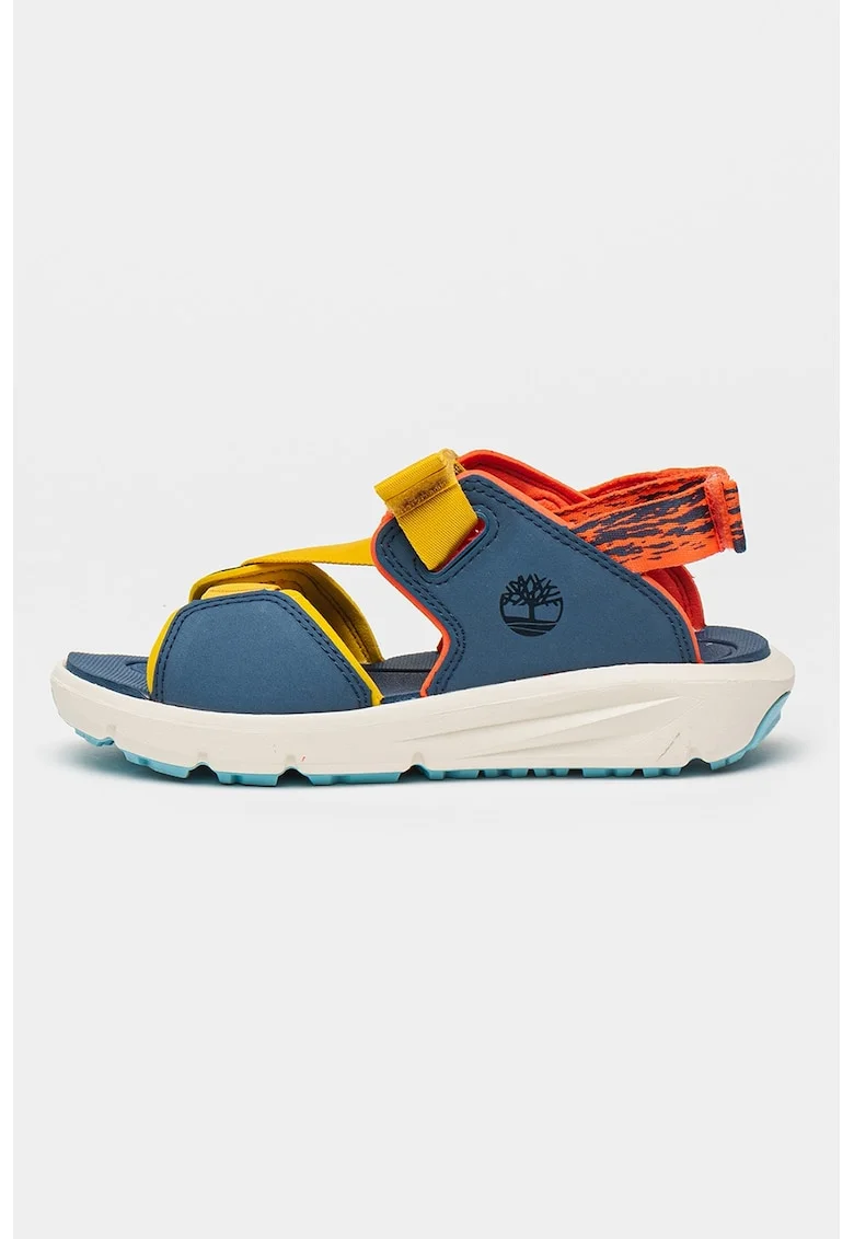 Sandale de piele ecologica cu velcro Motion Dune, Albastru inchis/Galben mustar