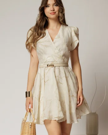 Rochie DY Fashion ivoar scurta cu broderii florale si decolteu petrecut