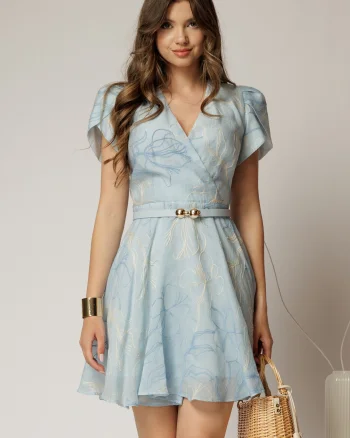 Rochie DY Fashion bleu scurta cu broderii florale si decolteu petrecut