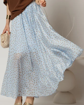 Fusta midi bleu cu buline clos din tencel casual eleganta