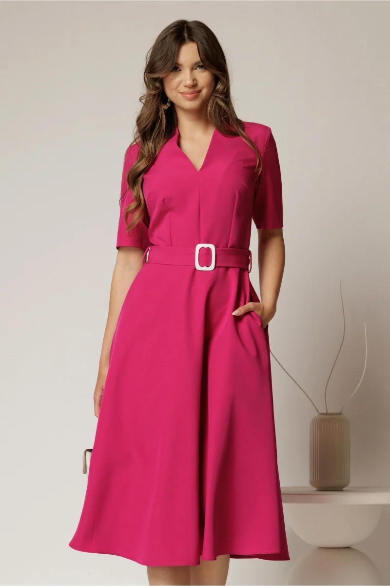 Rochie midi fucsia cu decolteu in V si cordon cu catarama in talie