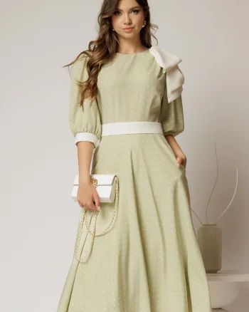 Rochie DY Fashion midi verde fistic cu buline si funda ampla pe umar