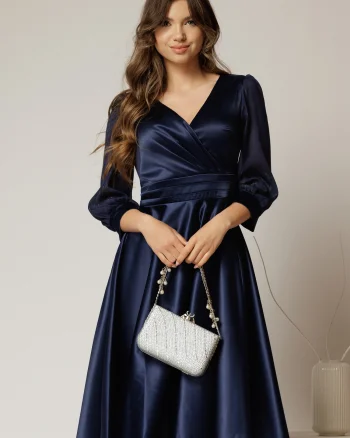 Rochie DY Fashion midi bleumarin din tafta cu maneci din voal cu lurex
