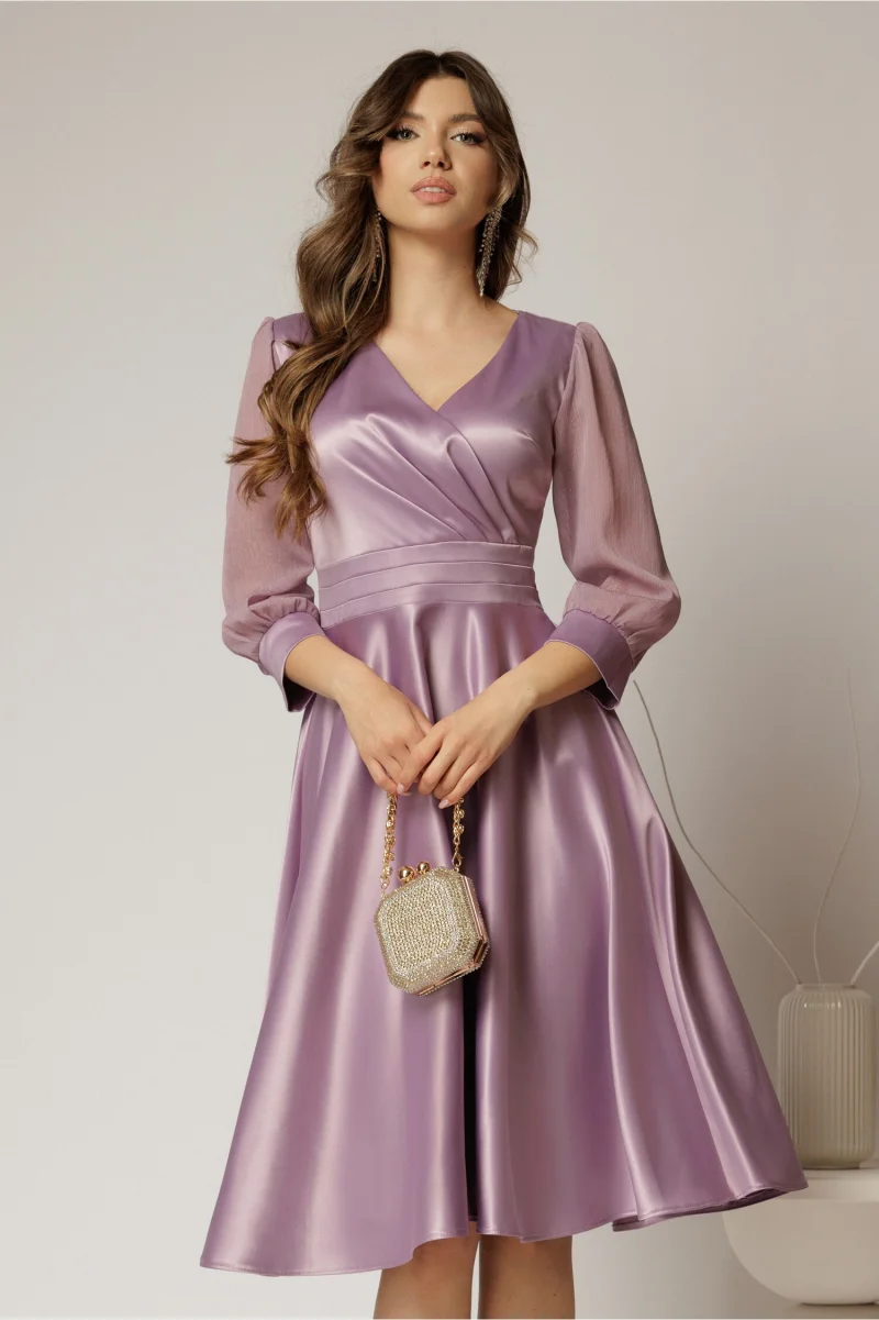 Rochie DY Fashion midi lila din tafta cu maneci din voal cu lurex