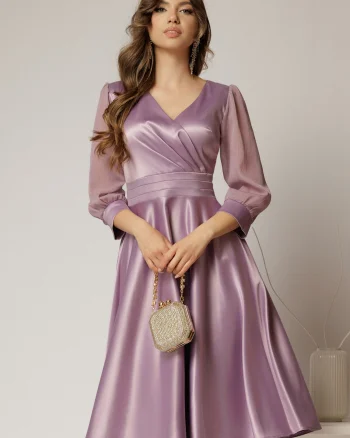 Rochie DY Fashion midi lila din tafta cu maneci din voal cu lurex