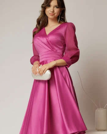 Rochie DY Fashion midi fucsia din tafta cu maneci din voal cu lurex