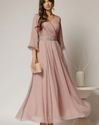 Rochie DY Fashion lunga roz din voal cu fir lurex
