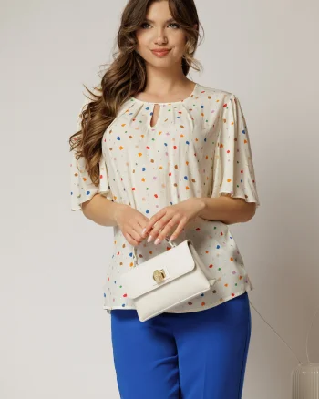 Bluza casual din viscoza ivoar cu picatele colorate si croi lejer