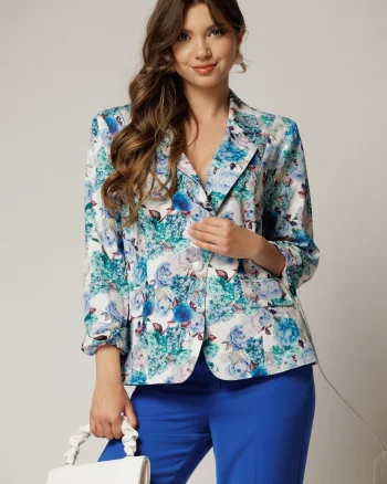 Sacou dama alb cu imprimeu floral turcoaz