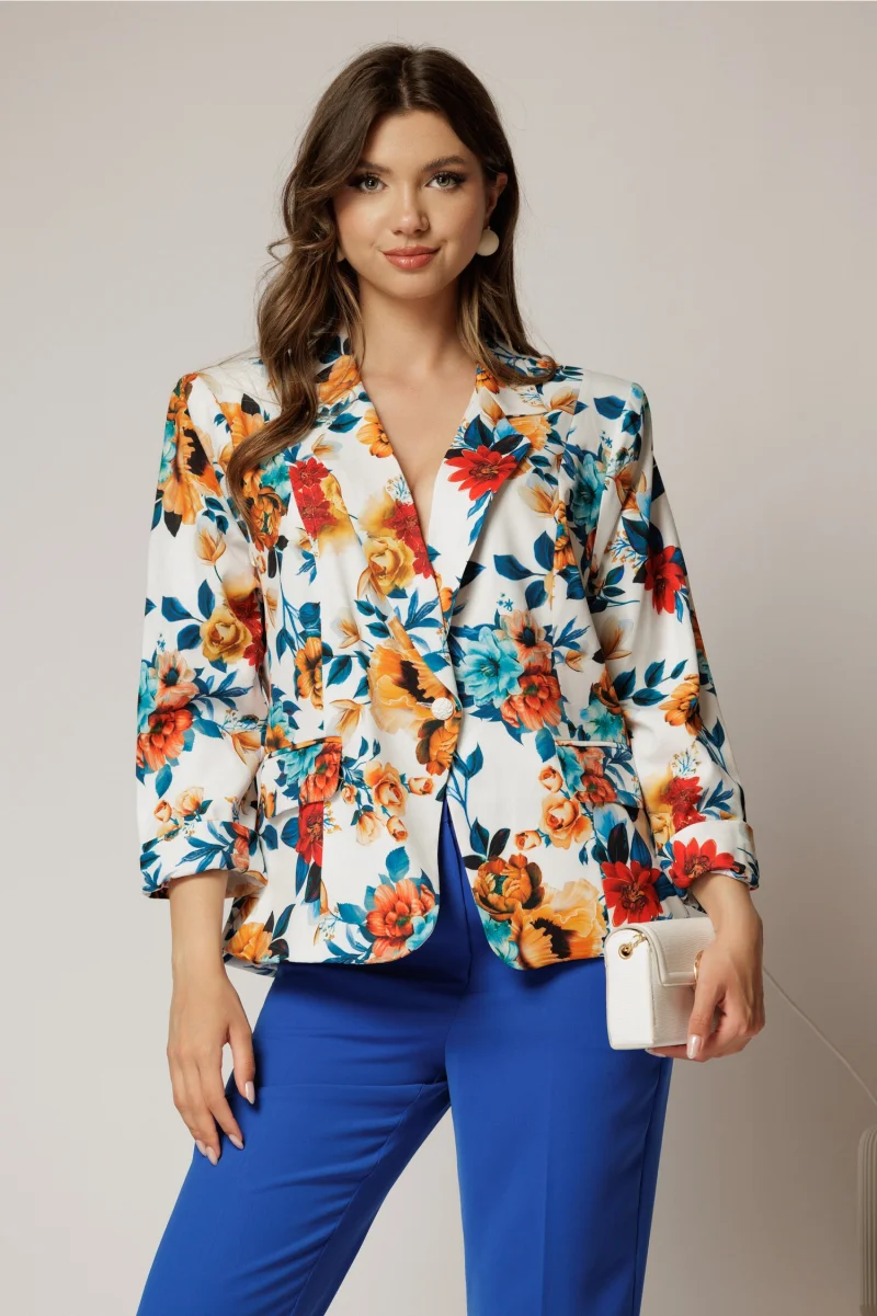 Sacou dama alb cu imprimeu floral albastru rosu