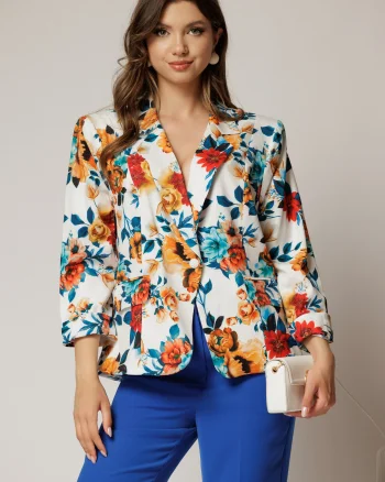 Sacou dama alb cu imprimeu floral albastru rosu