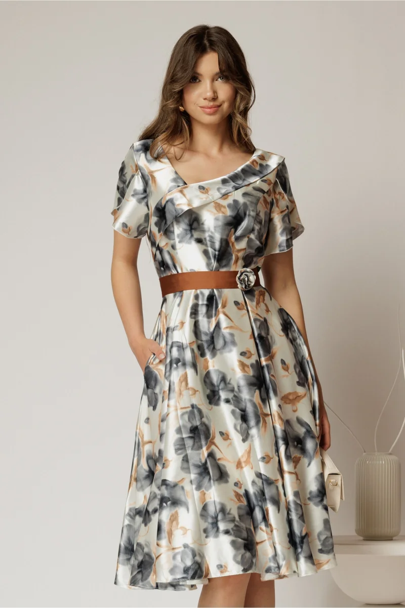 Rochie midi din satin cu imprimeuri gri si maro