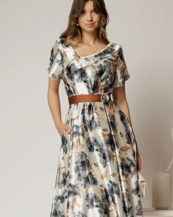 Rochie midi din satin cu imprimeuri gri si maro