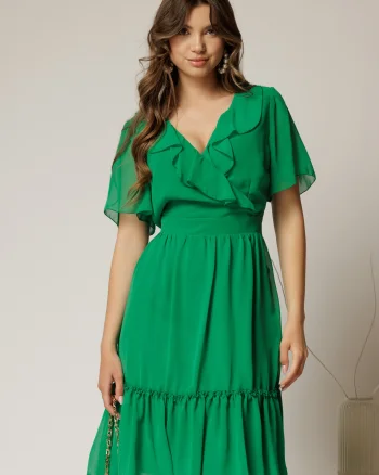 Rochie midi din voal verde cu decolteu petrecut cu volanase si maneci scurte