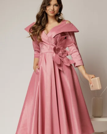 Rochie midi roz din tafta peliculizata cu floare ampla pe talie