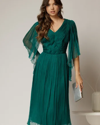 Rochie midi verde din matase clos si decolteu V