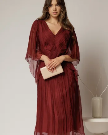 Rochie midi caramizie din matase clos si decolteu V