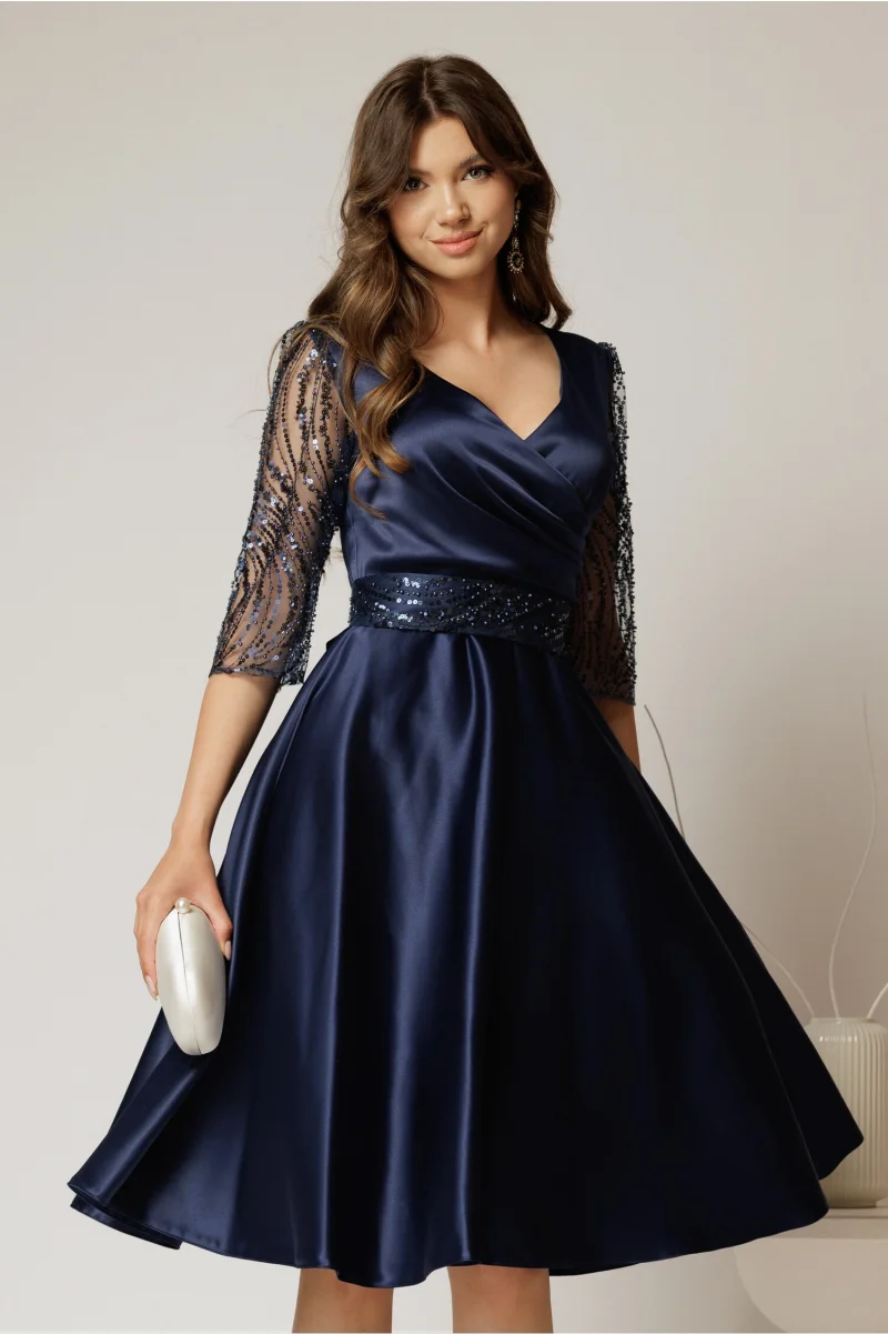 Rochie Adria bleumarin din tafta in clos cu cordon in talie